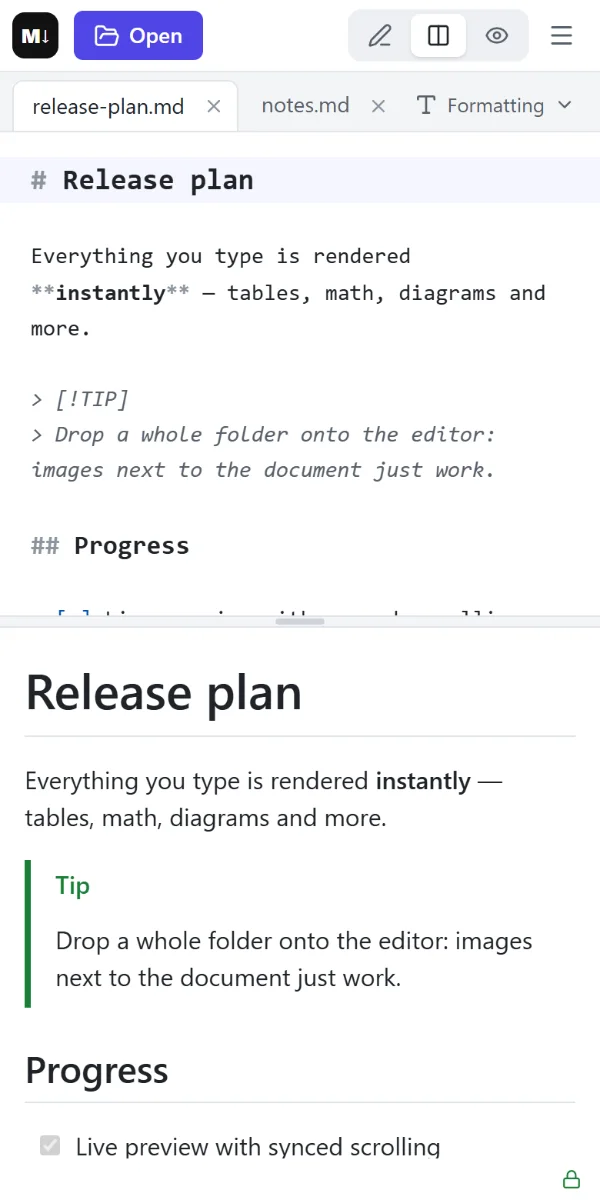 Markdown Preview Editor on a phone: editor above, preview below