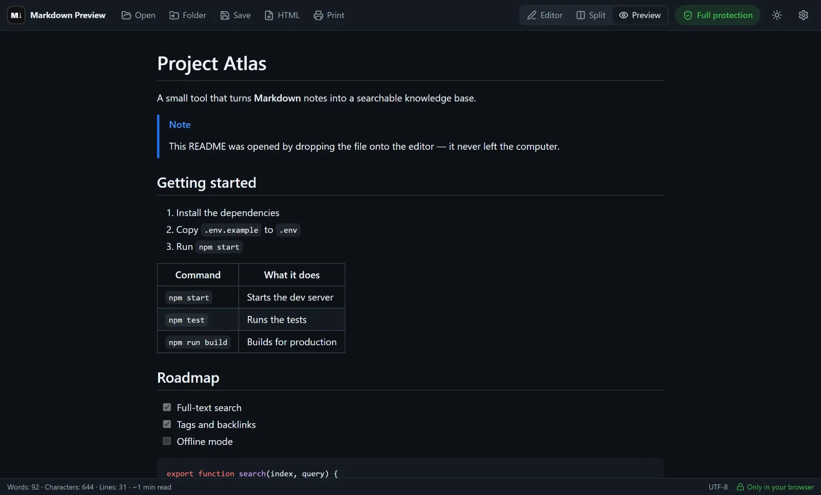 Un file README.md aperto nel Markdown viewer in modalità anteprima: titoli, una nota, una tabella e un elenco di attività
